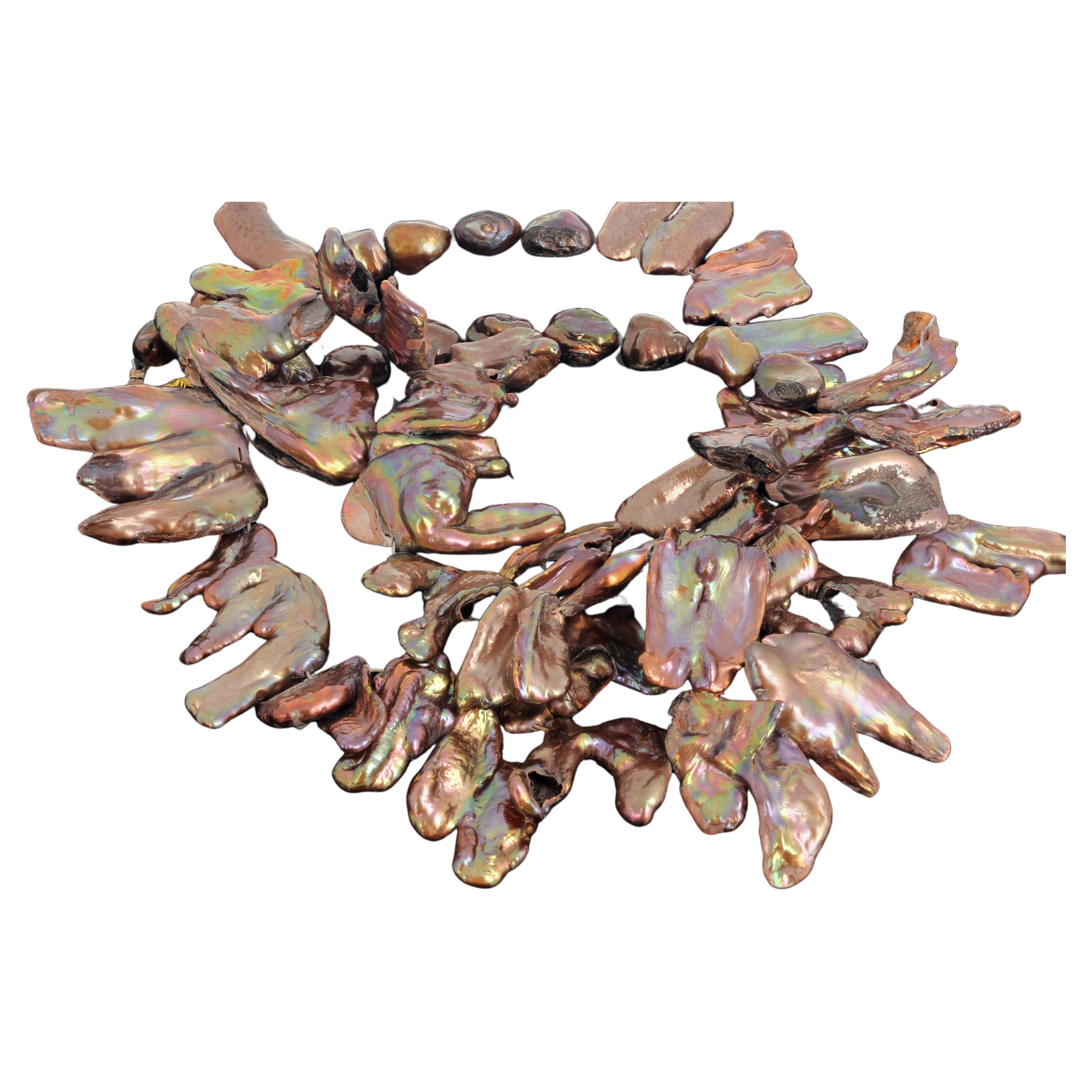 AJD Irridescent Dazzling Artistic 22" Large Unique Copper Pearl Leaf Necklace For Sale
