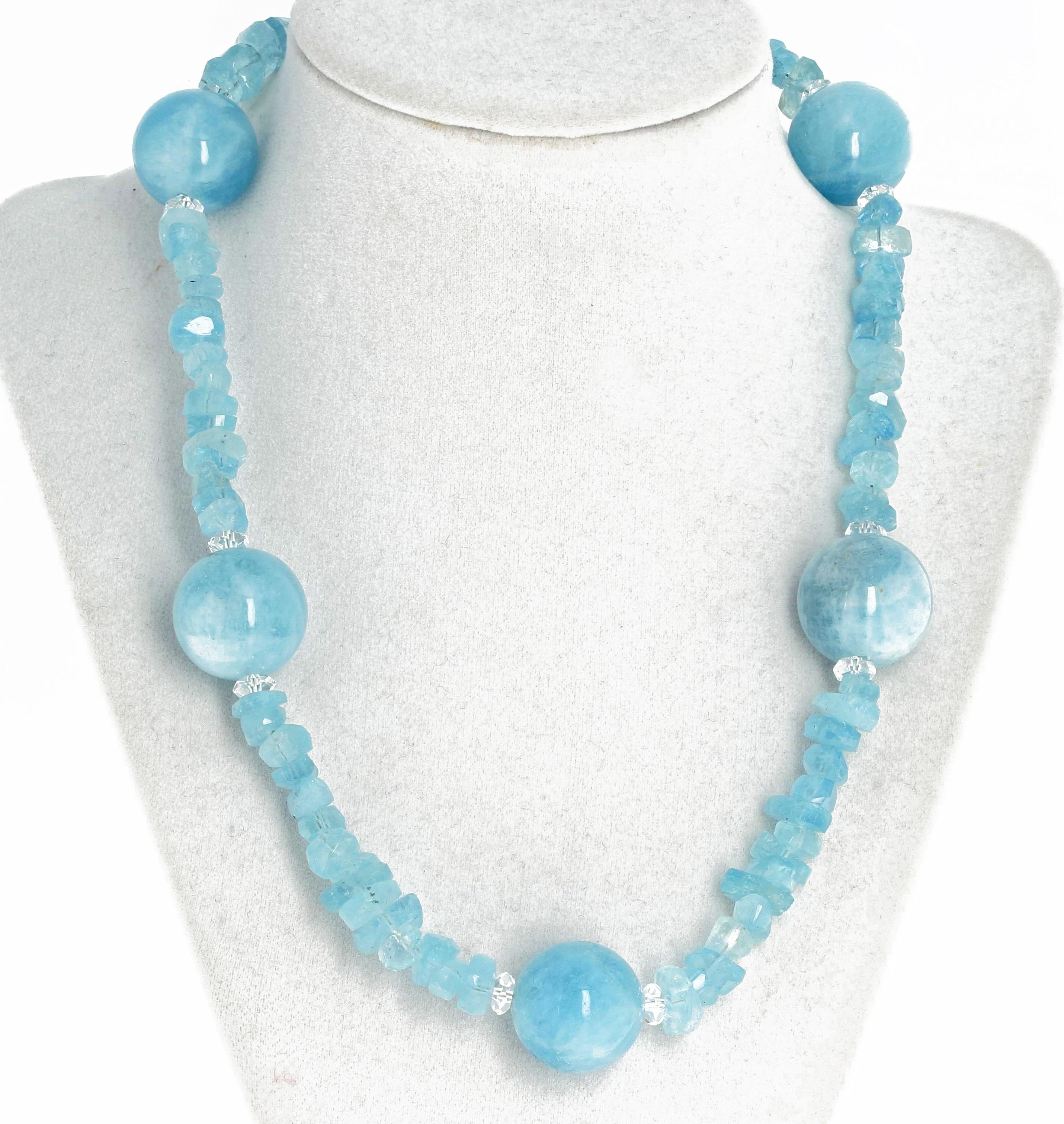 Single strand exquisite blue Aquamarine gemstone rock enhanced with Aquamarine polished rondel chips handmade necklace 19 inches long with a unique Sterling Silver clasp.  
