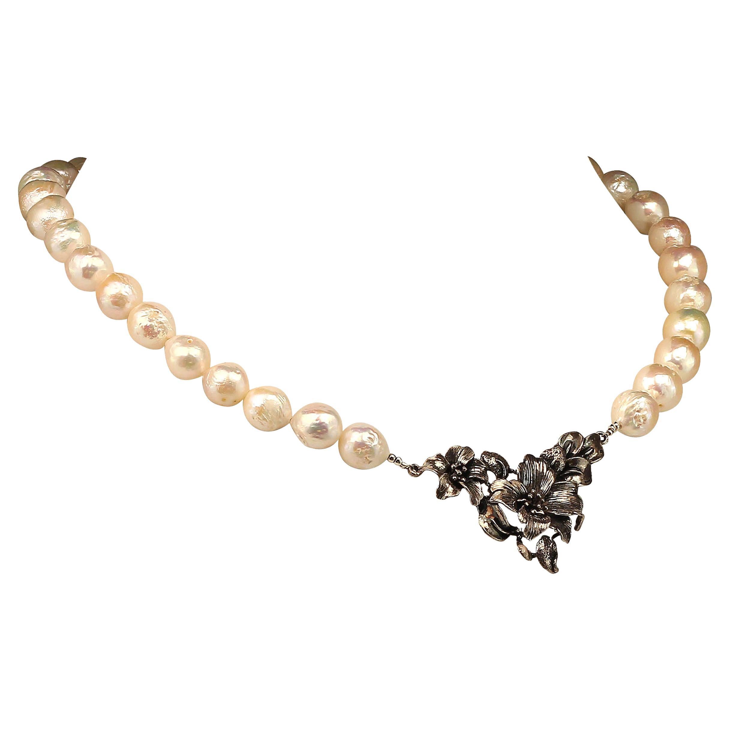 AJD White Pearl Necklace with Floral Sterling Focal