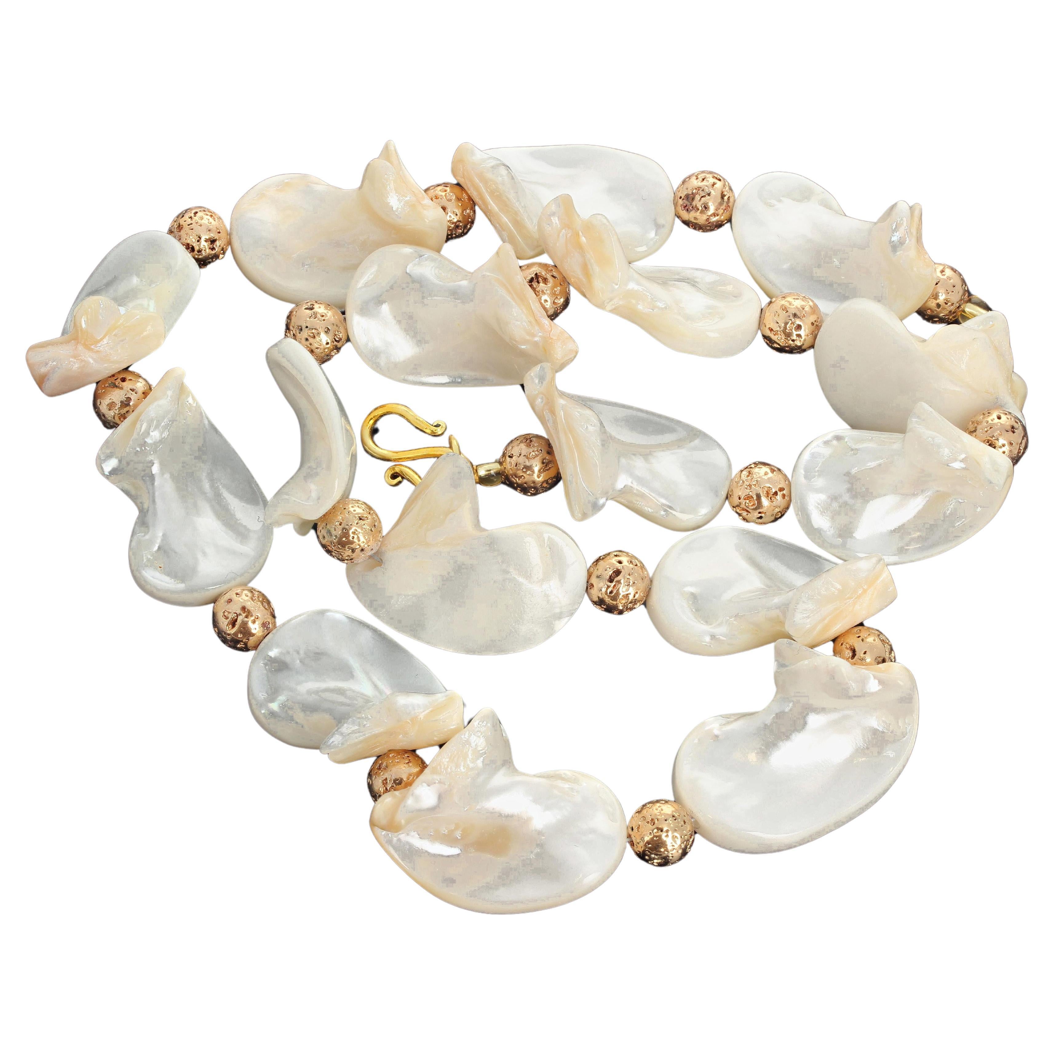 AJD Dramatic Artistic Natural Curly Pearl Shell & Goldy Lava 23" Necklace For Sale