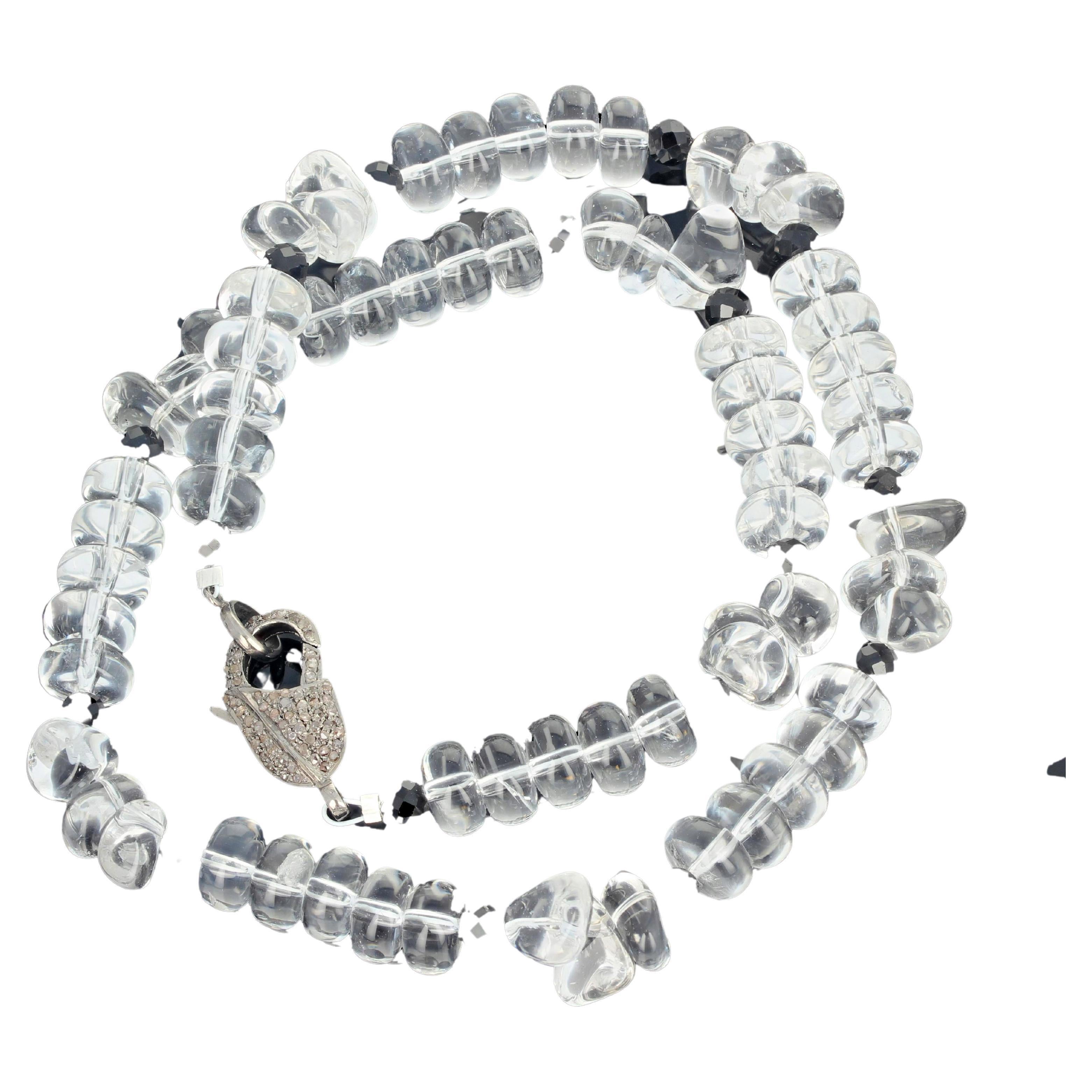 Mixed Cut AJD Brilliant Natural Silver Quartz & Black Spinel Diamond Clasp Necklace For Sale