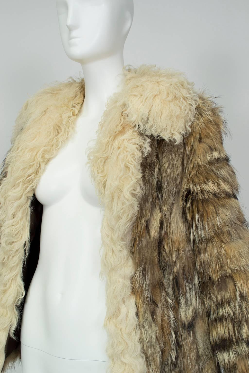 Women's or Men's Hippie Coyote Fur and Mongolian Lamb Chubby Jacket, Neiman Marcus - Medium 1970s
