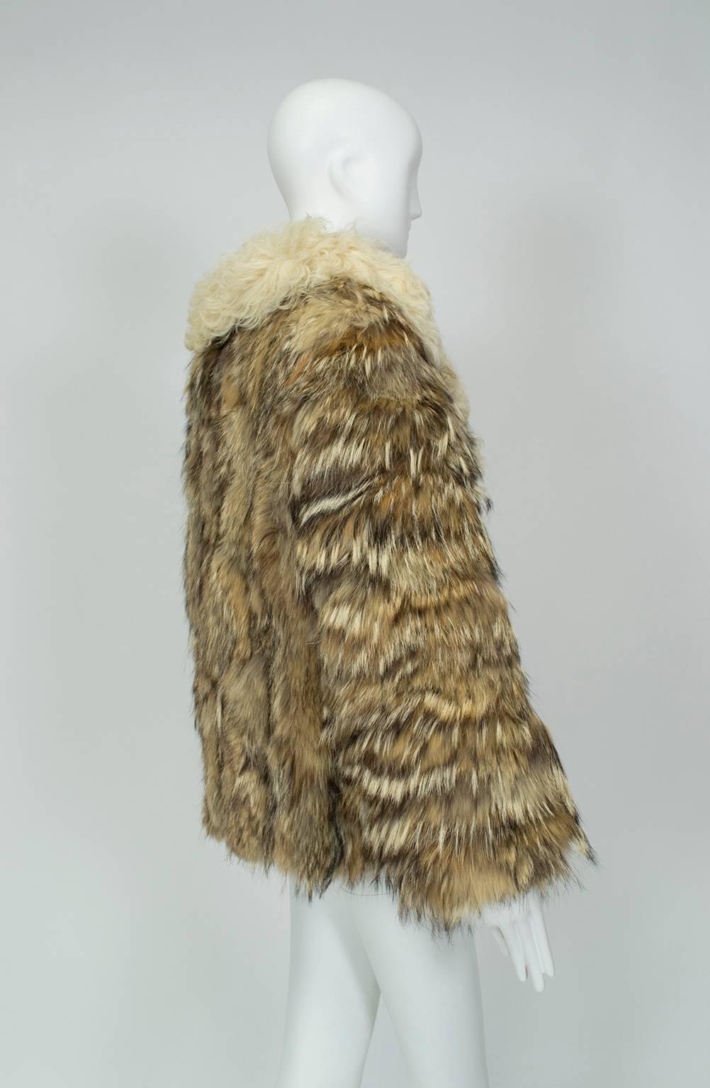 A hot mess so outrageous it begs to be touched, with an insane spread collar made from 9” strands of curly Mongolian lamb.  Very “Janis Joplin at the Chelsea Hotel, 1961.” Look it up.

Vintage coyote fur chubby jacket with shawl collar and lapel of