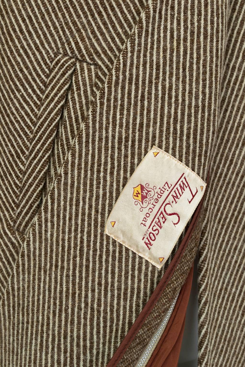 Manteau transformable en laine Chevron Brown avec doublure zippée - M, 1950s en vente 5