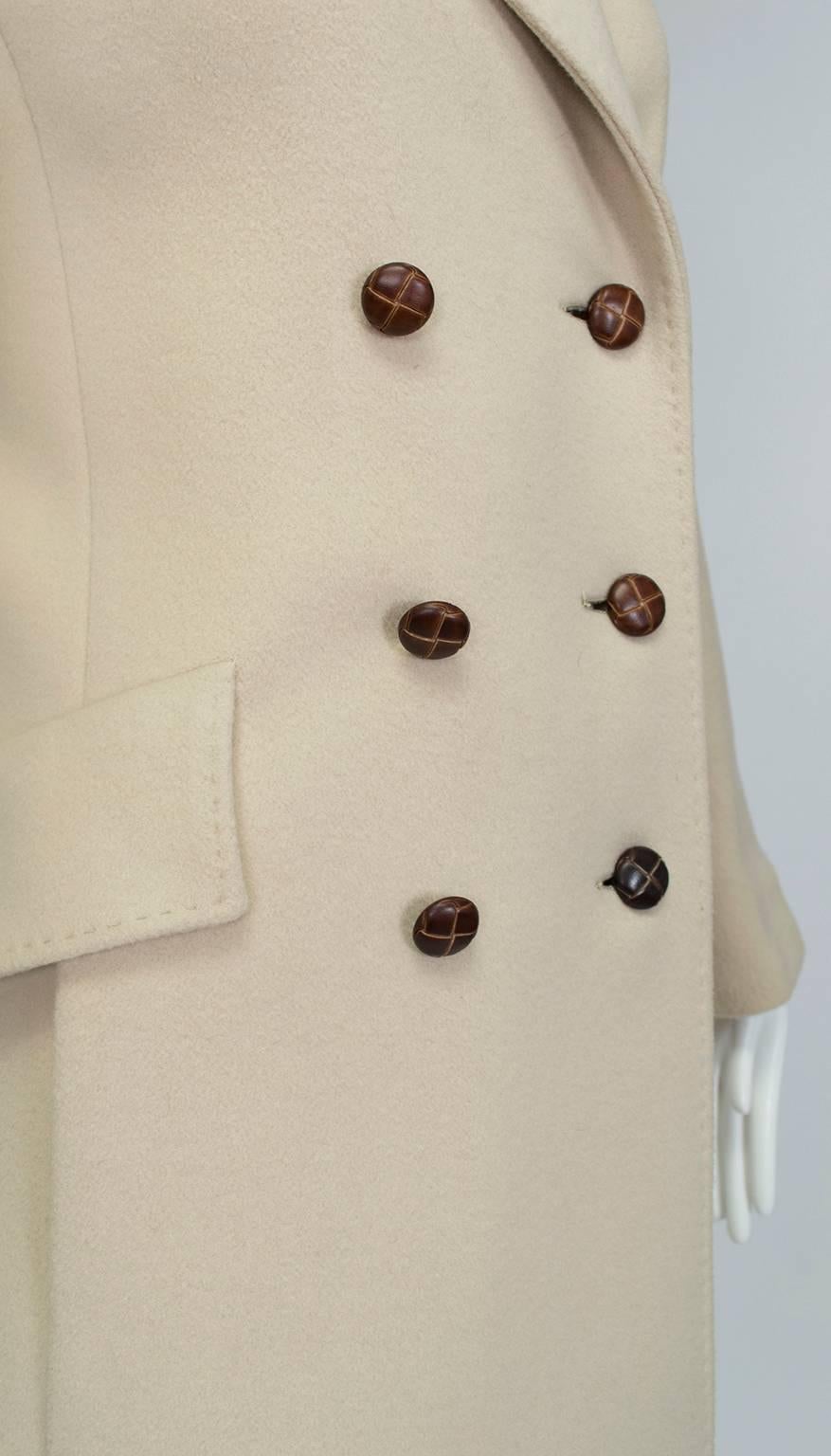 Beige Ivory Cashmere Princess-Cut Military Trench Coat – I Magnin, 1970s