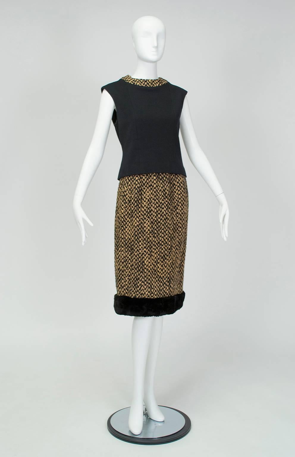 Brown Tweed Sheared Mink Trim Camelot Skirt Suit with Standing Collar- S, 1960s In Excellent Condition For Sale In Tucson, AZ