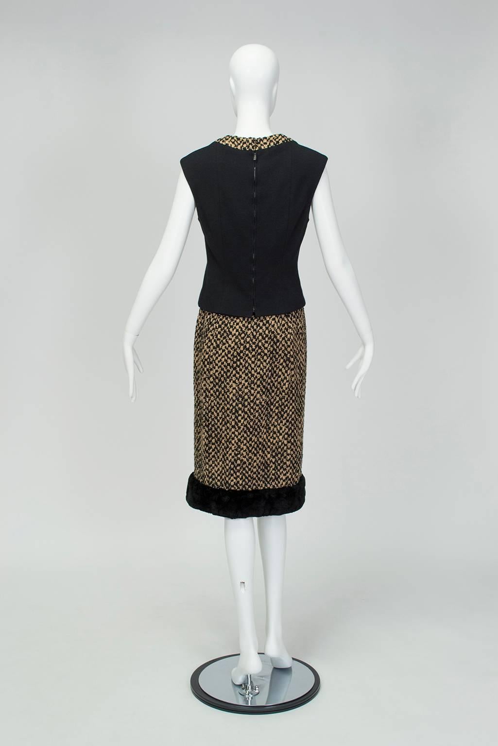 Women's Brown Tweed Sheared Mink Trim Camelot Skirt Suit with Standing Collar- S, 1960s For Sale