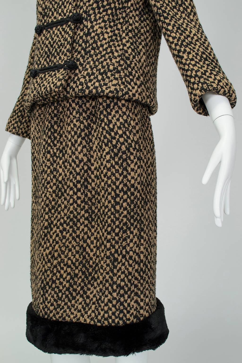 Black Brown Tweed Sheared Mink Trim Camelot Skirt Suit with Standing Collar- S, 1960s For Sale