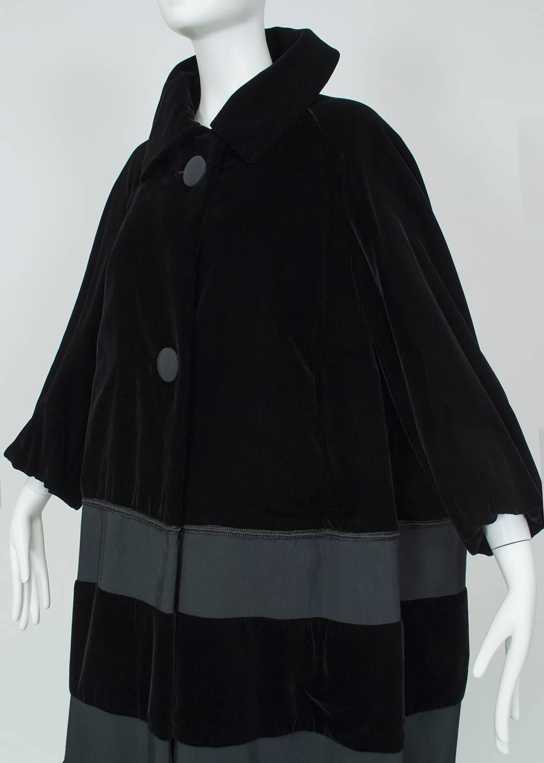 Women's Black Velvet and Faille Stripe Oversized Amorphous Teddy Bear Coat - L-XL, 1960s