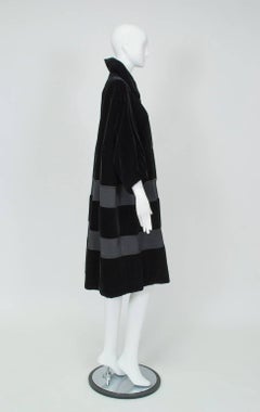 Black Velvet and Faille Stripe Oversized Amorphous Teddy Bear Coat - L-XL, 1960s