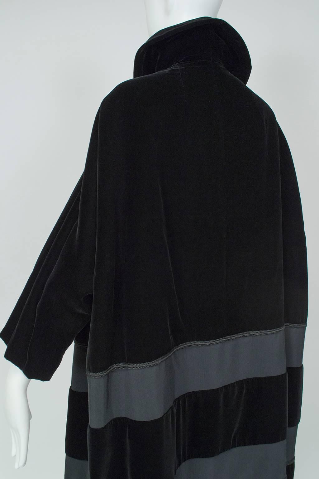Black Velvet and Faille Stripe Oversized Amorphous Teddy Bear Coat - L-XL, 1960s 1