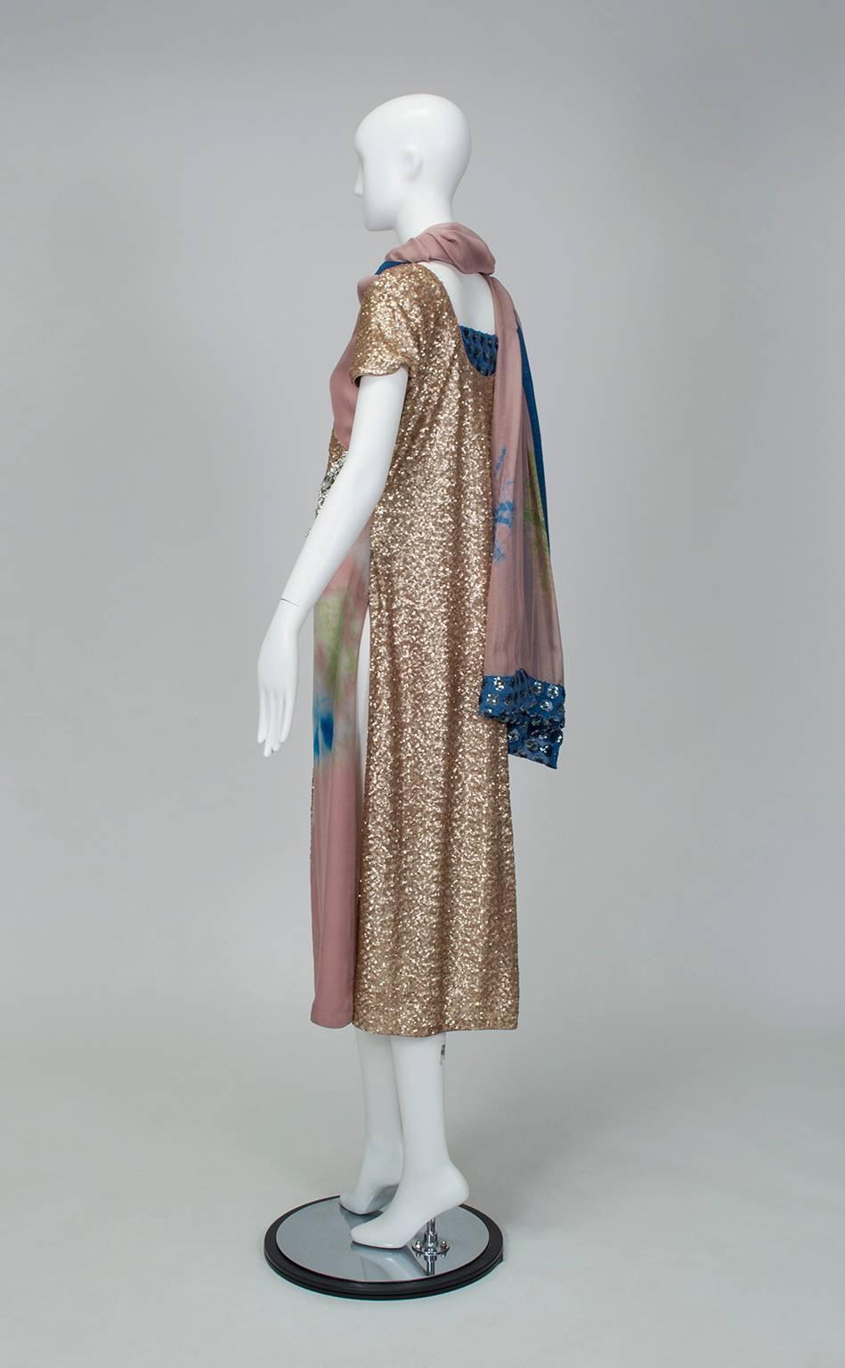 From a collection of bespoke saris, tunics and cholis, this 2-piece set balances soothing colors with an explosive tie dye pattern, which is commonly worn in India during the monsoons. No matter: vast expanses of sequins and the magnificent crystal