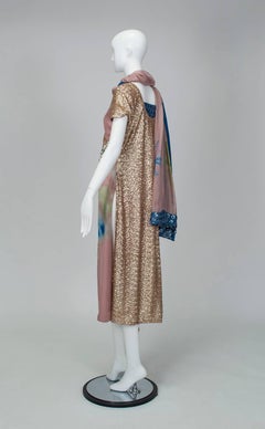 Gold Sequin Tie Dye Silk Sari with Pavé Crystal Hip Brooch and Sash - M-L, 1960s