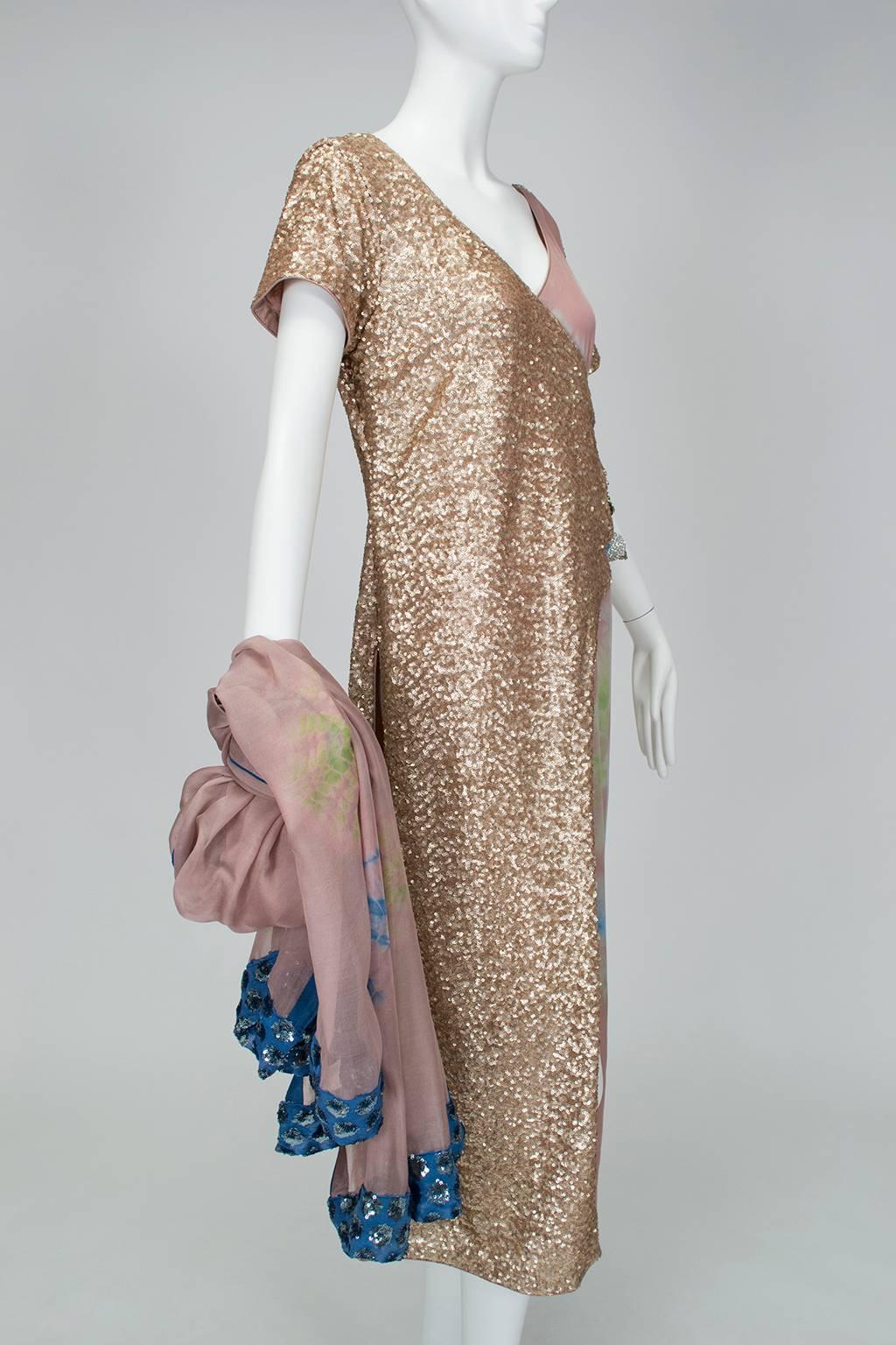 Brown Gold Sequin Tie Dye Silk Sari with Pavé Crystal Hip Brooch and Sash - M-L, 1960s