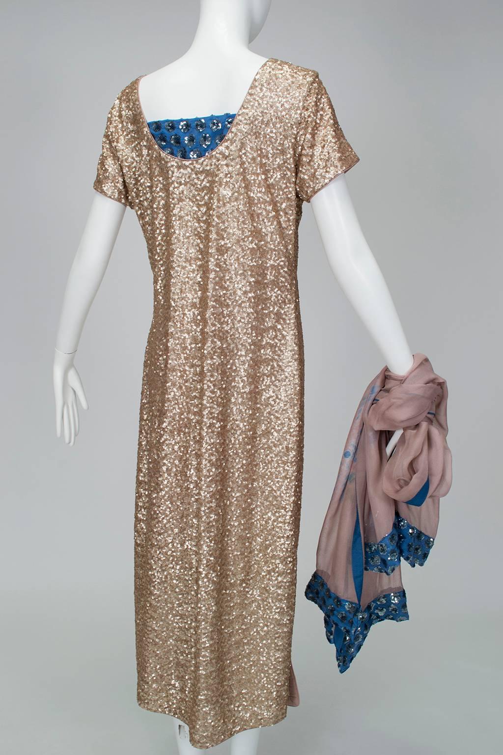 Gold Sequin Tie Dye Silk Sari with Pavé Crystal Hip Brooch and Sash - M-L, 1960s In Good Condition In Tucson, AZ