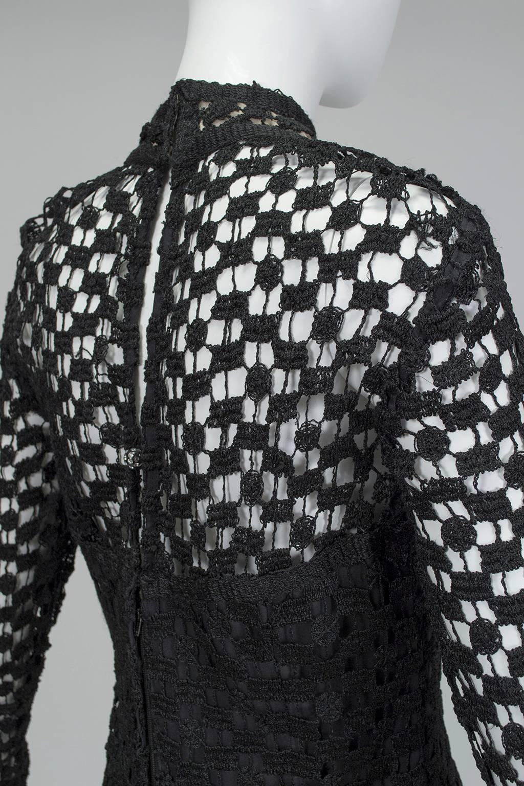 Women's Pat Sandler Black Bohemian Illusion Crochet Mock Neck Maxi Dress- XS, late 1960s