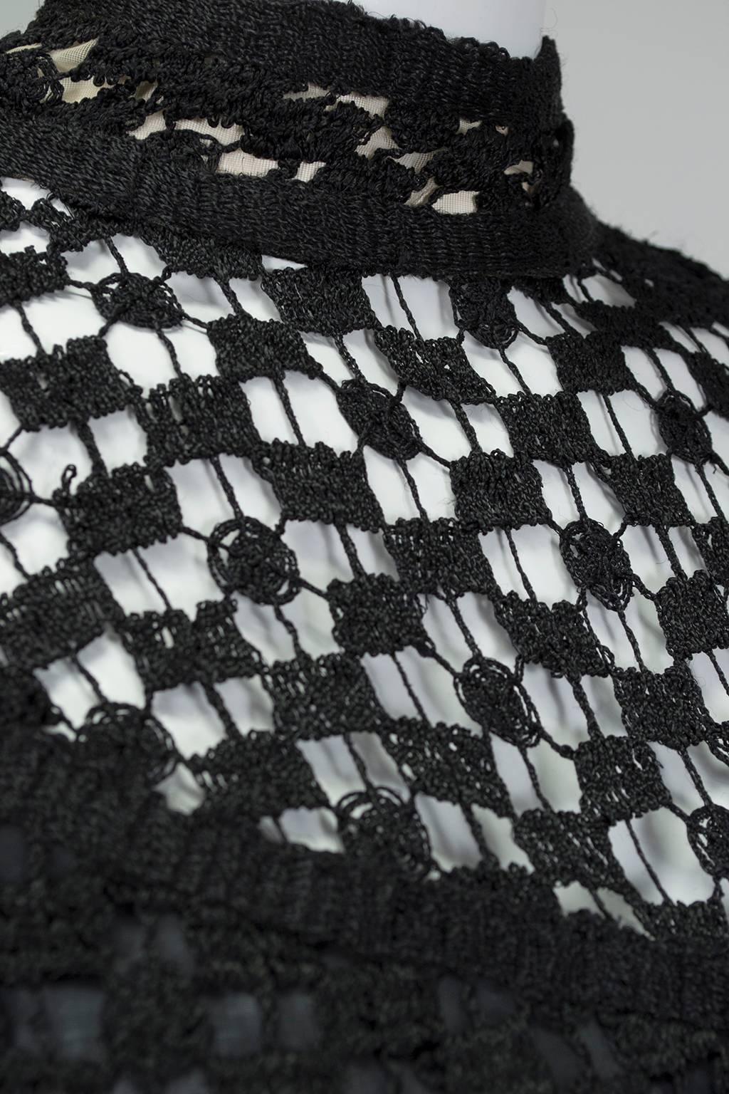 Pat Sandler Black Bohemian Illusion Crochet Mock Neck Maxi Dress- XS, late 1960s 1