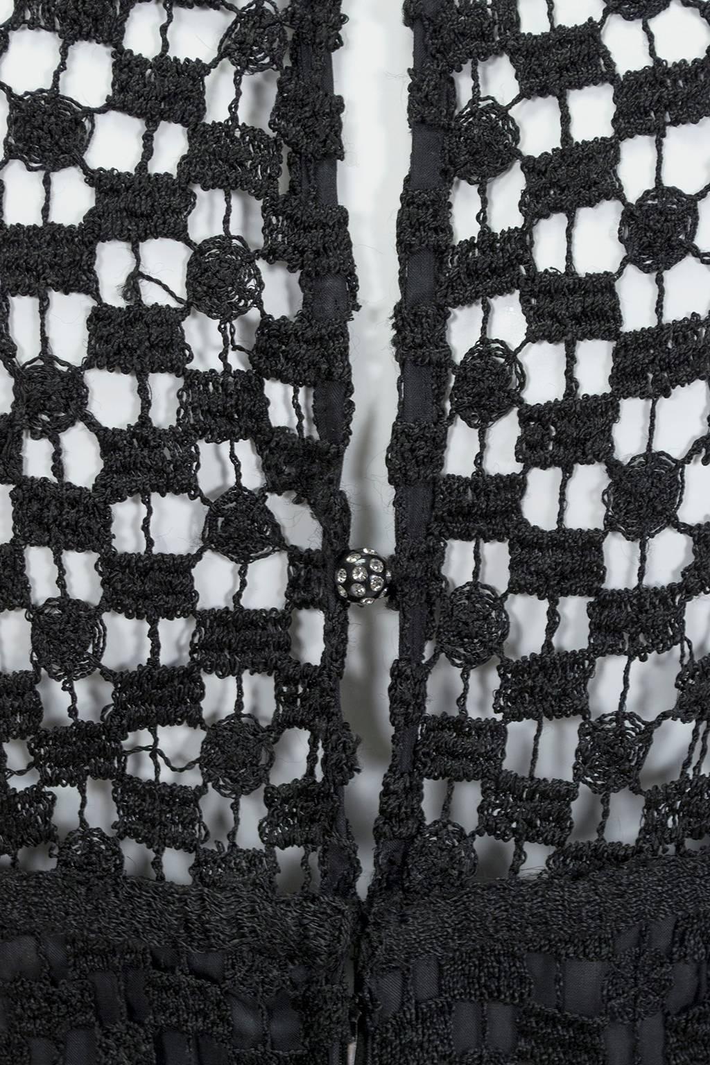 Pat Sandler Black Bohemian Illusion Crochet Mock Neck Maxi Dress- XS, late 1960s 2