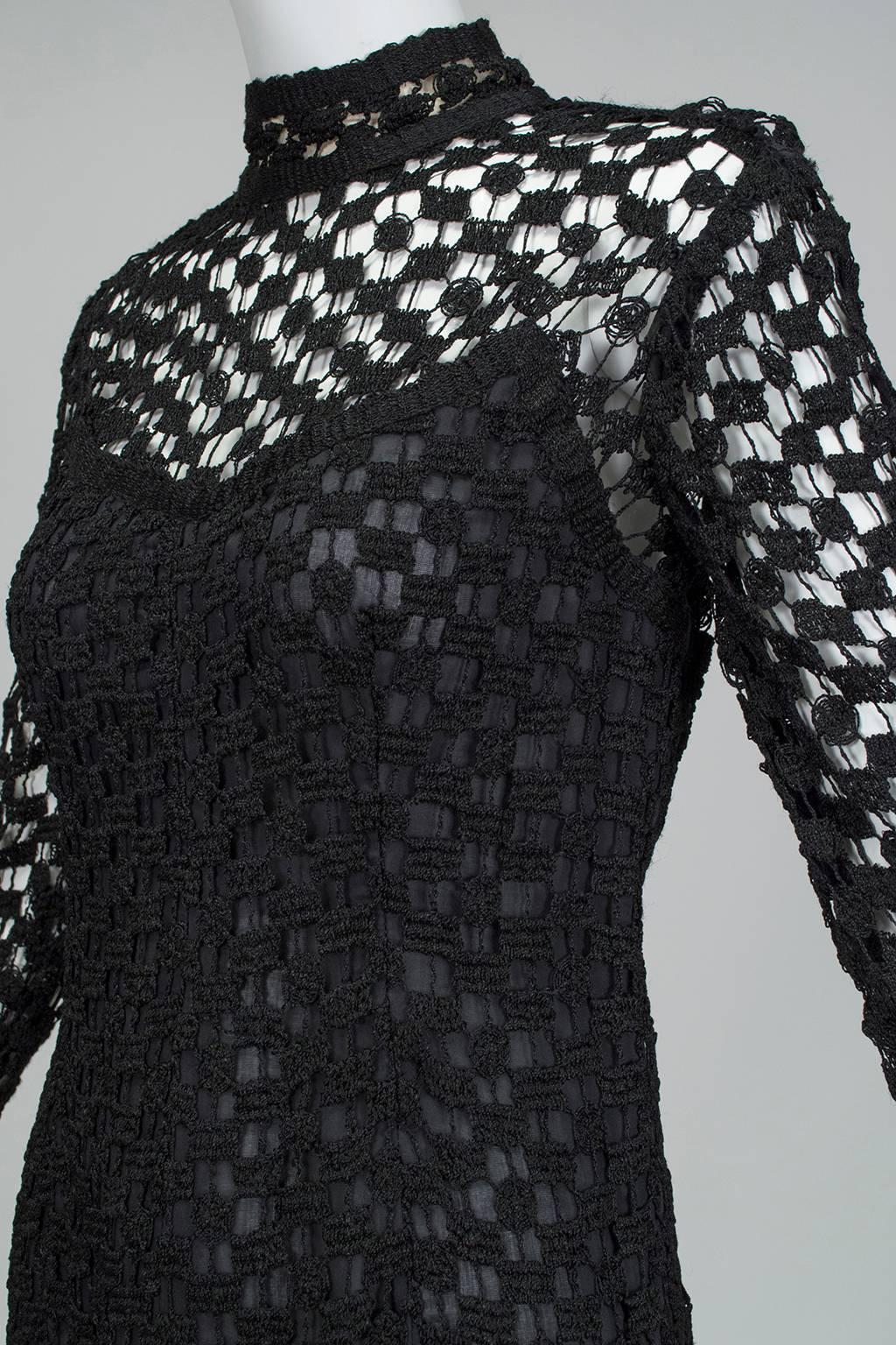 Pat Sandler Black Bohemian Illusion Crochet Mock Neck Maxi Dress- XS, late 1960s In Good Condition In Tucson, AZ