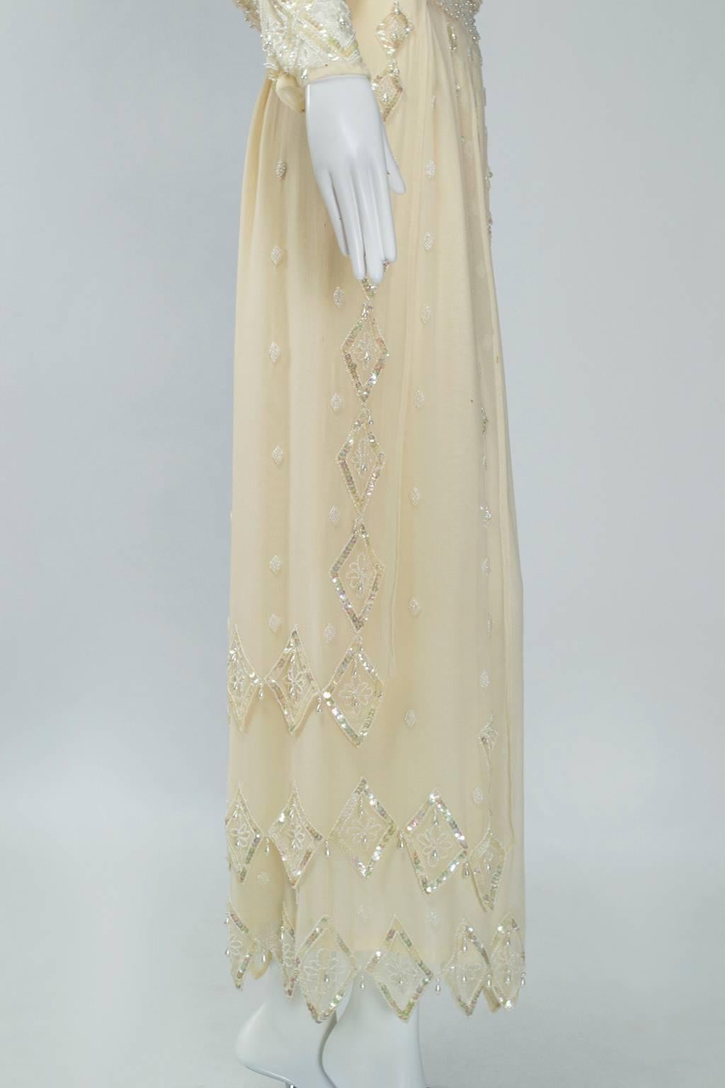 Ivory Edwardian Reproduction Ornamented Silk Tea or Bridal Gown - Small, 1980s 2