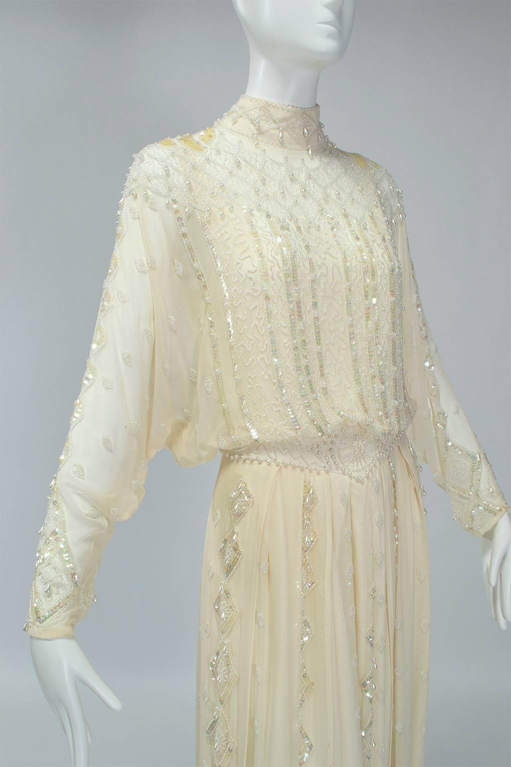 Beige Ivory Edwardian Reproduction Ornamented Silk Tea or Bridal Gown - Small, 1980s