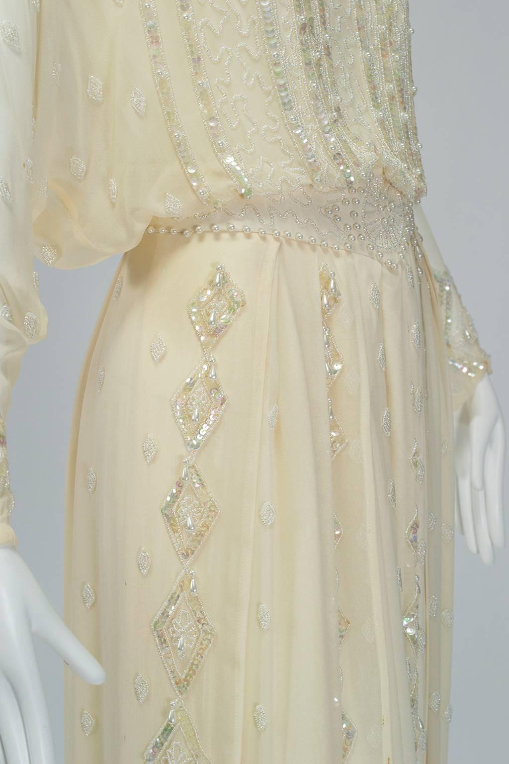 Women's Ivory Edwardian Reproduction Ornamented Silk Tea or Bridal Gown - Small, 1980s