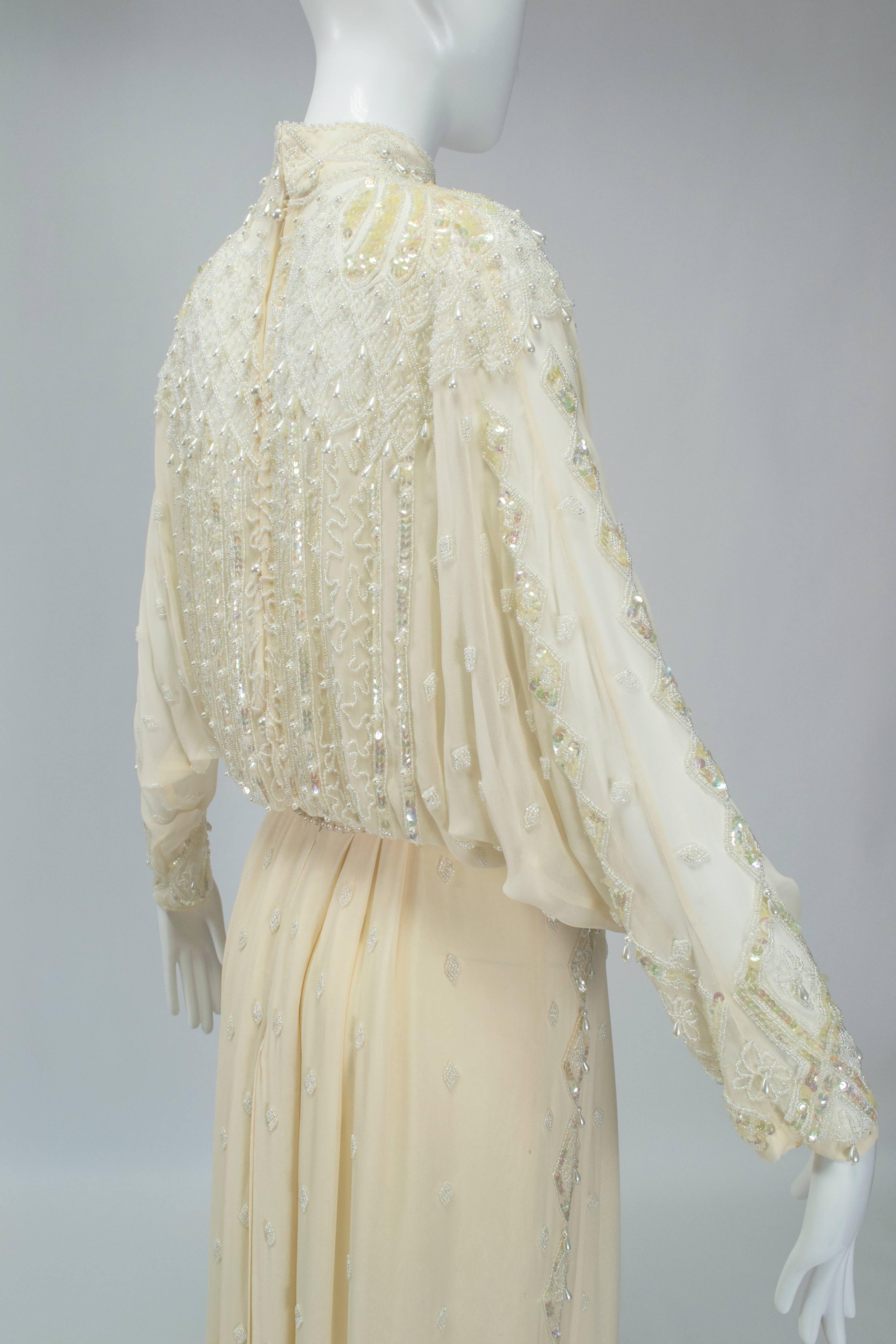 Ivory Edwardian Reproduction Ornamented Silk Tea or Bridal Gown - Small, 1980s In Good Condition In Tucson, AZ