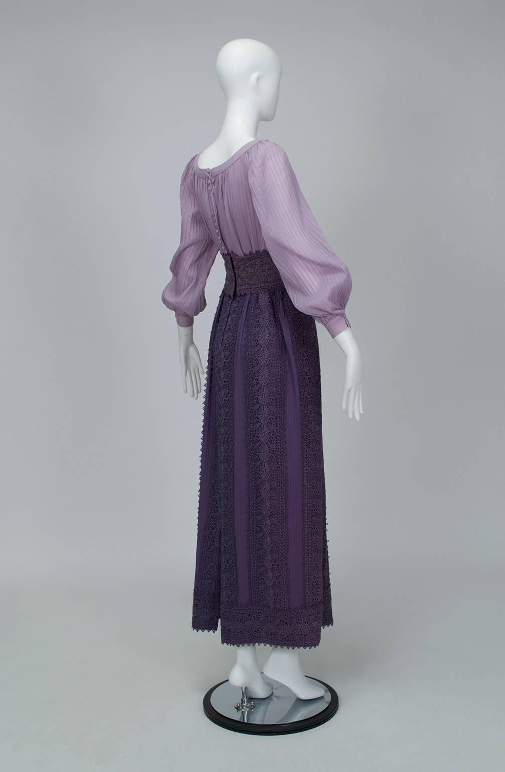 Simultaneously Bohemian and Medieval, modest and alluring, this maxi is an ideal choice during transitional months when the weather calls for a little more coverage. The beguiling shades of purple are a welcome departure from black and emphasize the