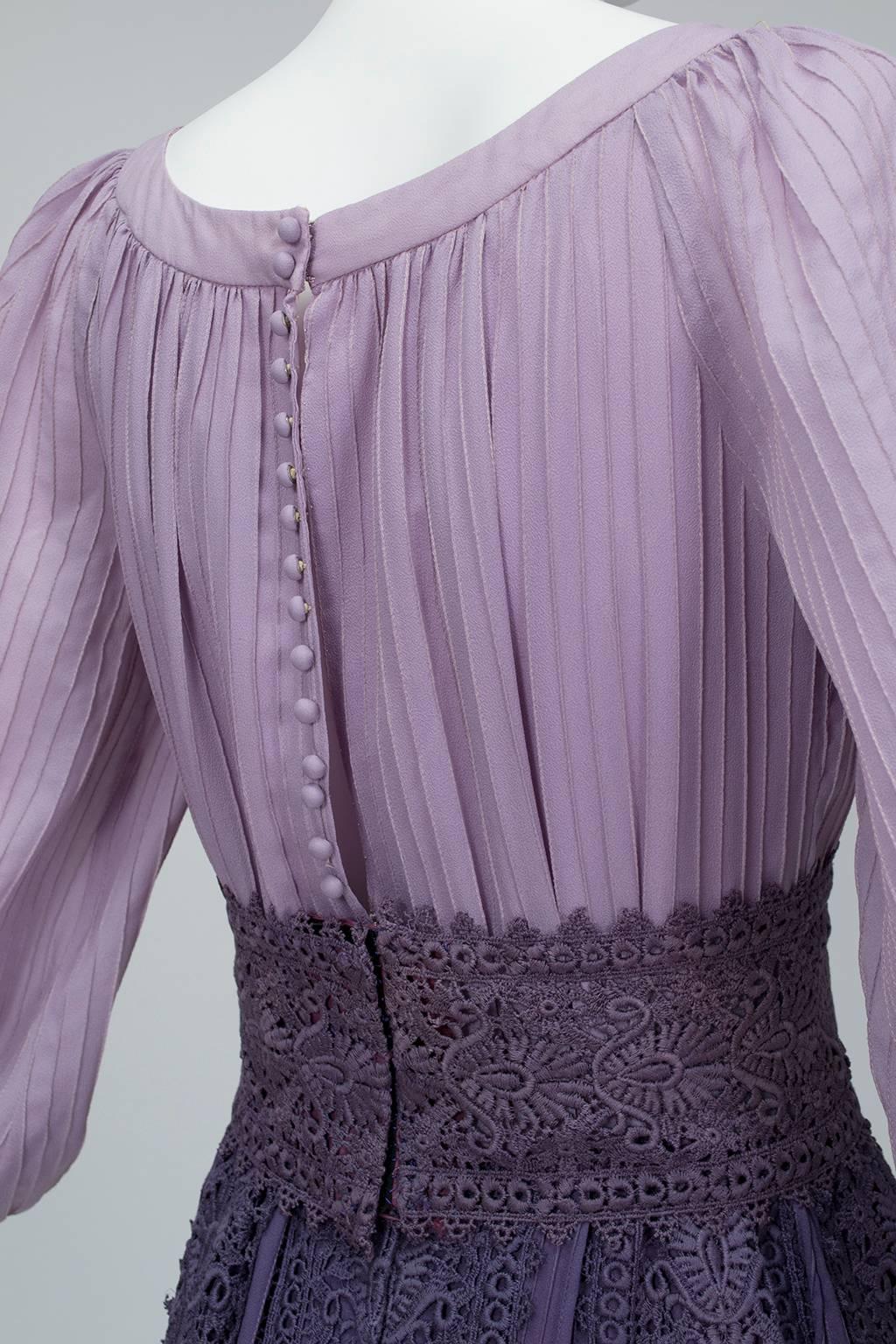 Renaissance Fairy Purple Bishop Sleeve Crochet Maxi Dress - M-L, 1970s In Good Condition In Tucson, AZ