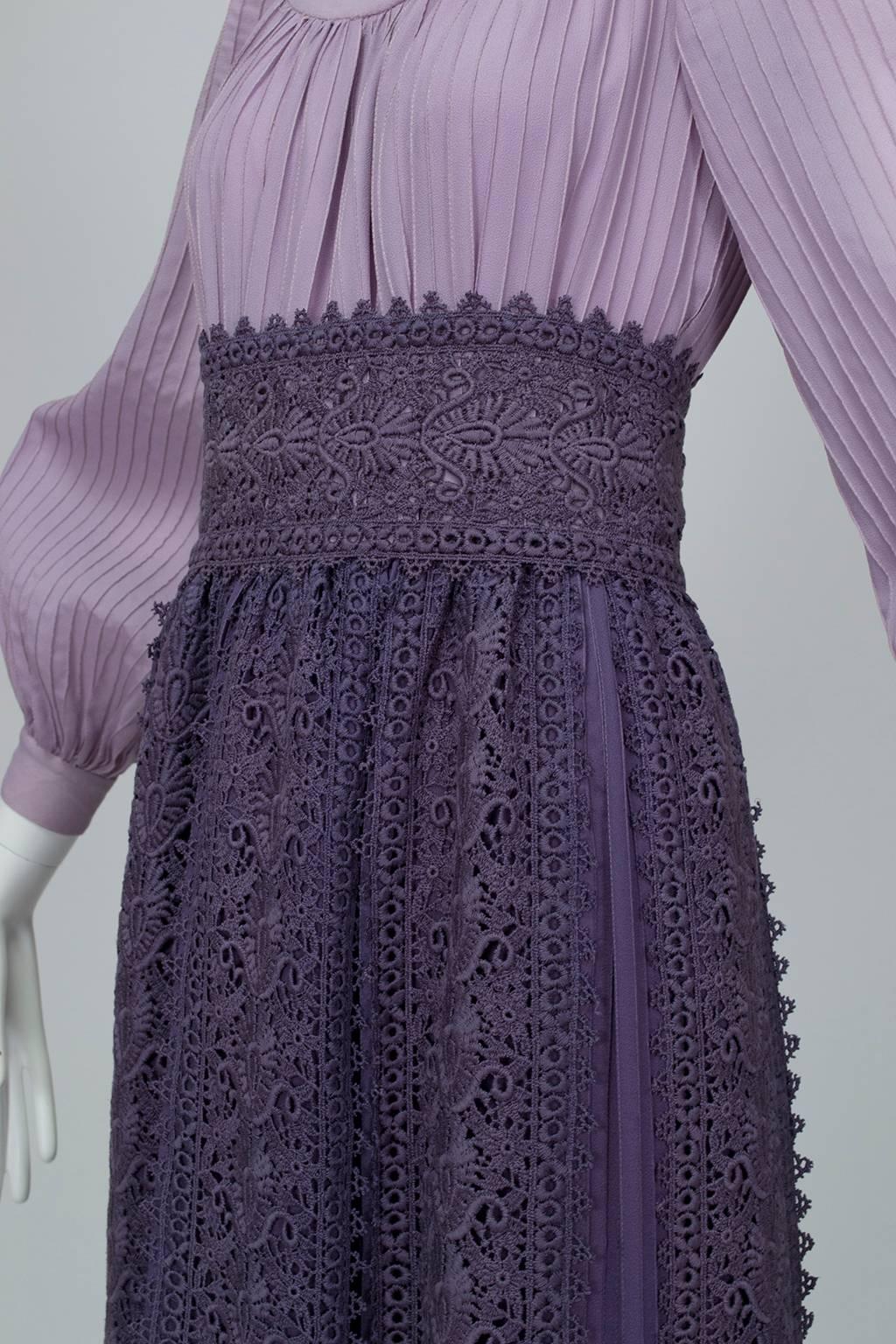 Black Renaissance Fairy Purple Bishop Sleeve Crochet Maxi Dress - M-L, 1970s