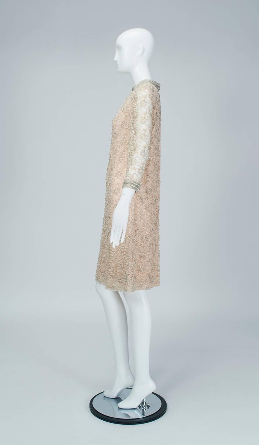 Illusion dresses—so named because the use of semi-transparent fabrics gave the illusion of nudity—enjoyed enormous popularity after Marilyn Monroe wore one to sing “Happy Birthday” to JFK in 1962.  This one uses strategically-positioned silver,