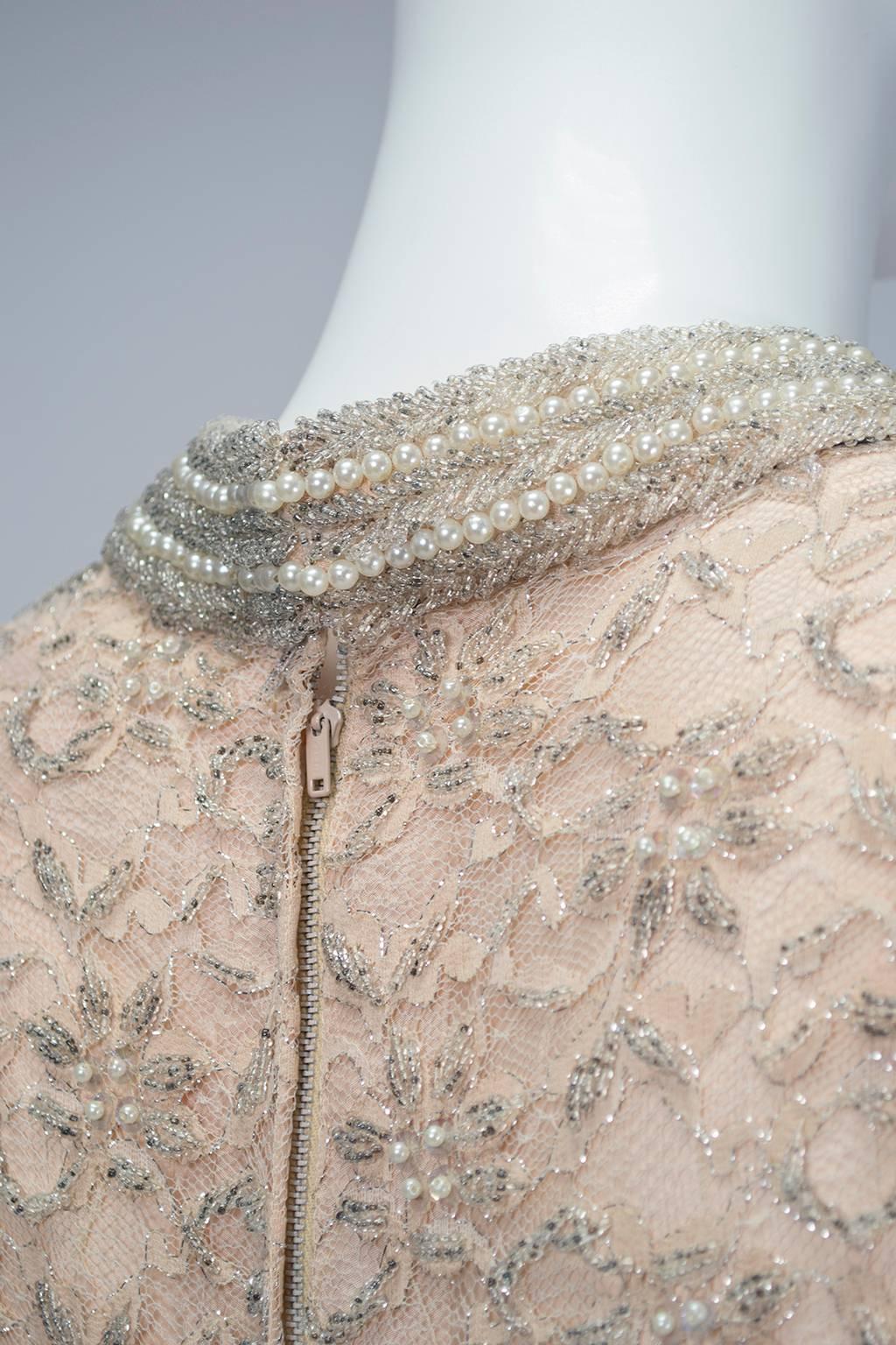 Blush Pink A-Line Babydoll Dress with Pearl Collar and Cuffs, 1960s In Excellent Condition In Tucson, AZ