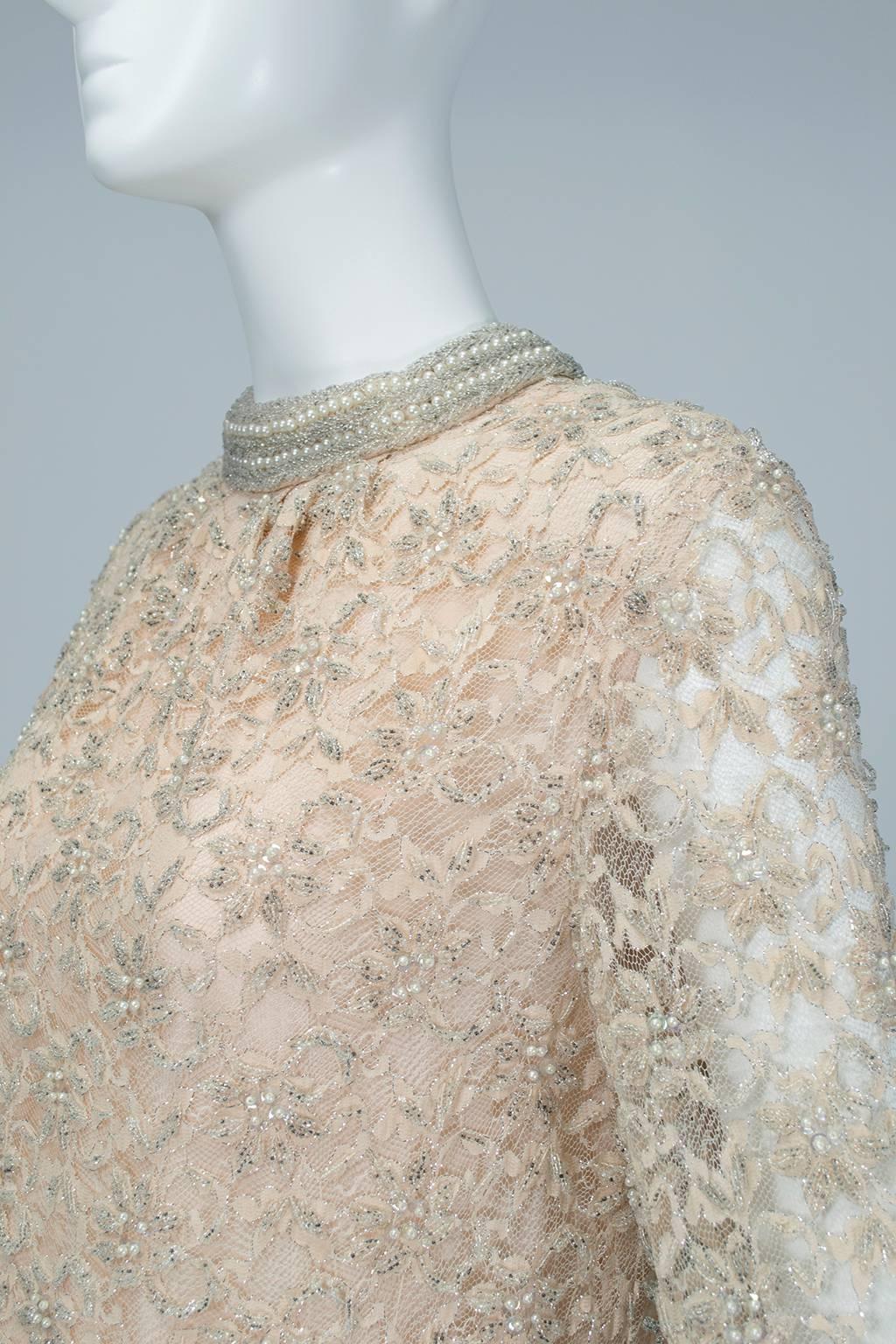 Beige Blush Pink A-Line Babydoll Dress with Pearl Collar and Cuffs, 1960s