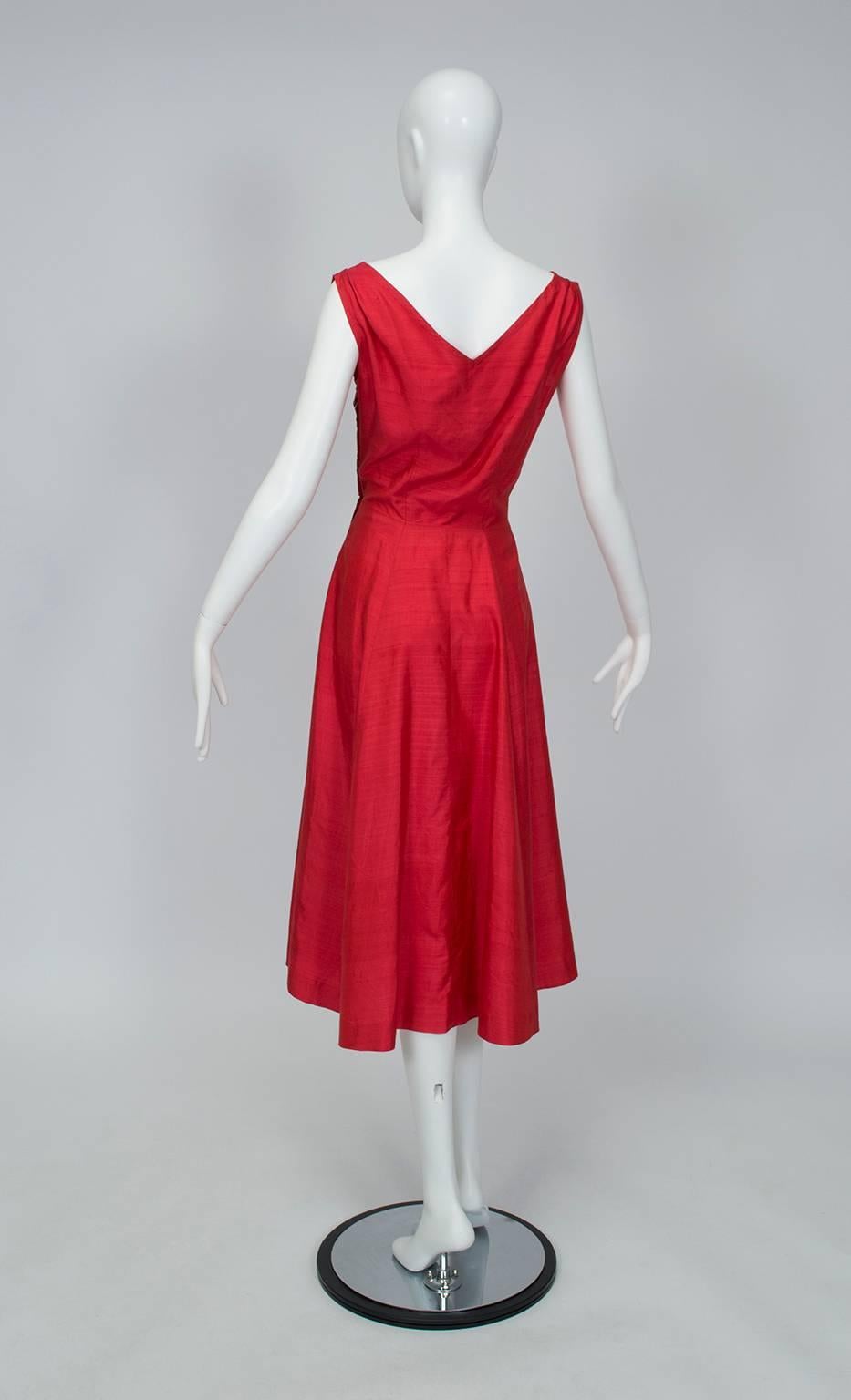 Red Bespoke Swirling Thai Silk Tea Dress with Plaid Wrap, 1950s