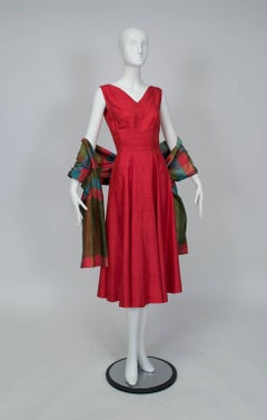 Bespoke Swirling Thai Silk Tea Dress with Plaid Wrap, 1950s