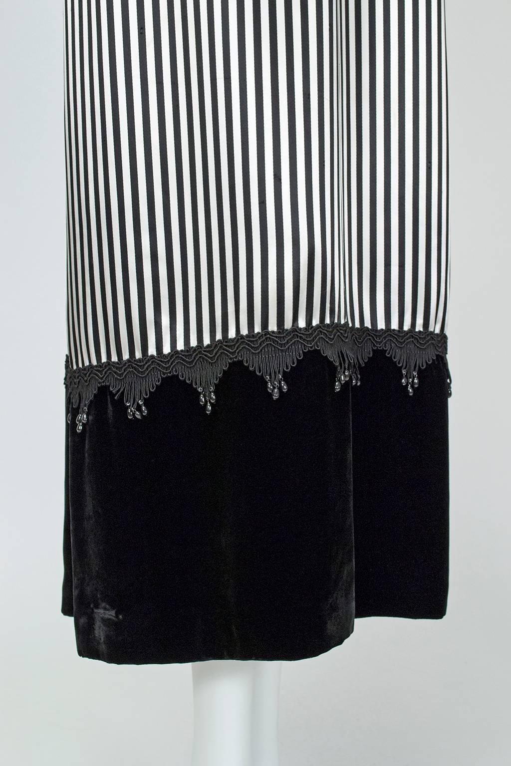 Black White Stripe Velvet and Satin Gondolier Gown with Dangling Gems - S, 1960s For Sale 2