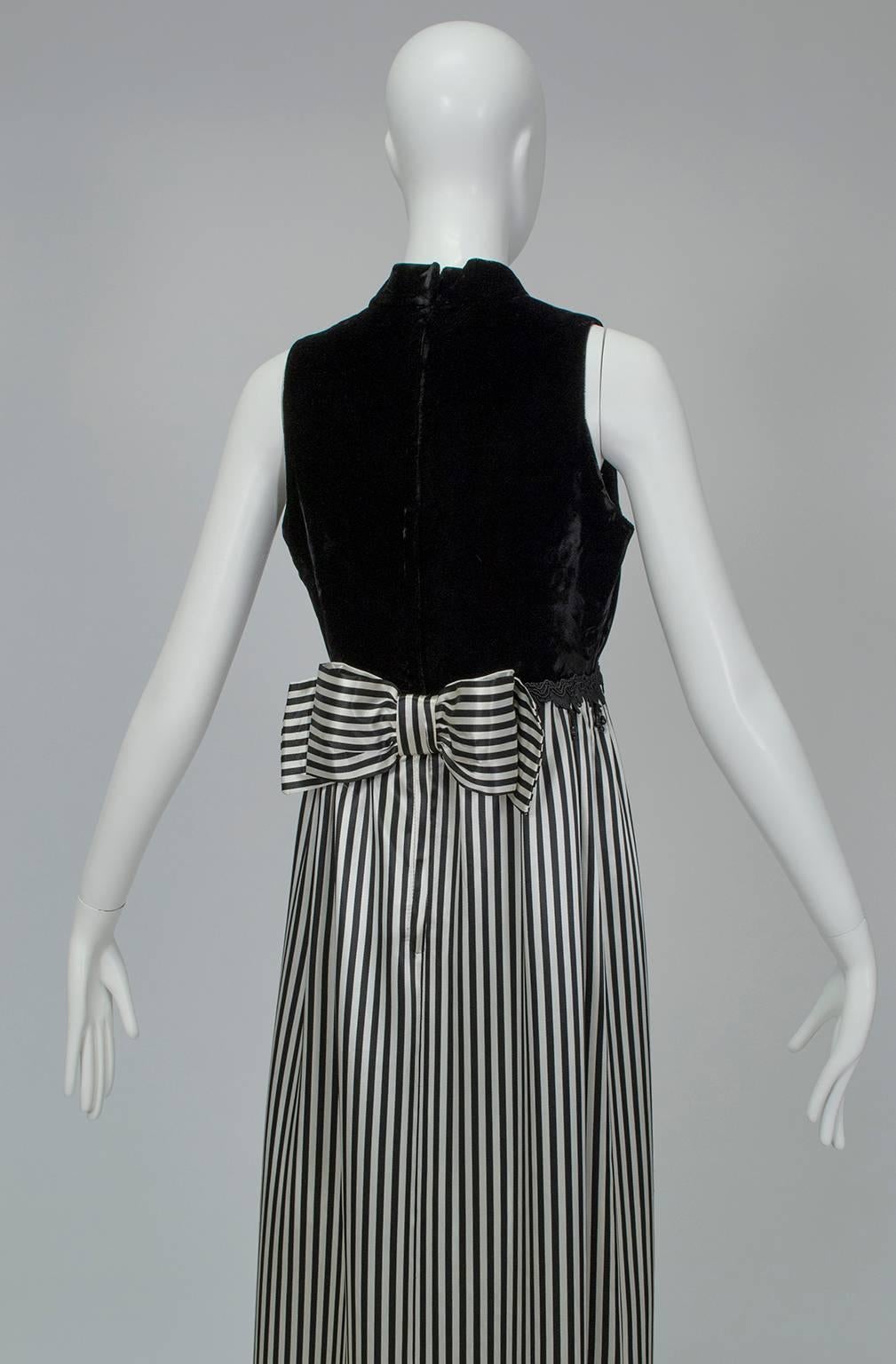 Black White Stripe Velvet and Satin Gondolier Gown with Dangling Gems - S, 1960s In Good Condition For Sale In Tucson, AZ