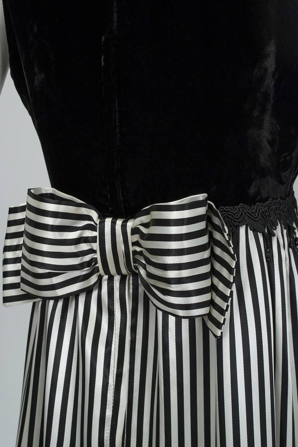 Black White Stripe Velvet and Satin Gondolier Gown with Dangling Gems - S, 1960s For Sale 1