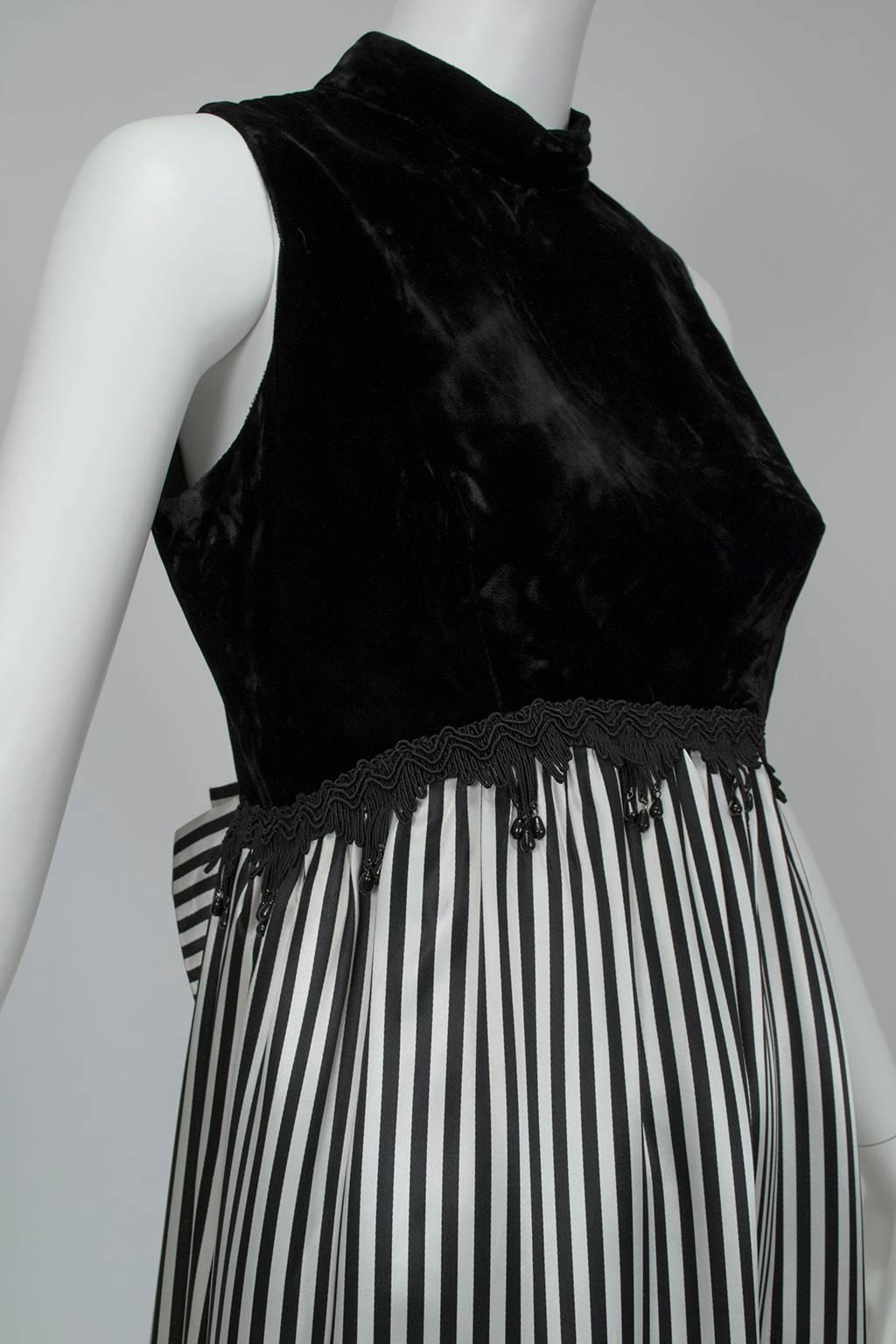 Women's Black White Stripe Velvet and Satin Gondolier Gown with Dangling Gems - S, 1960s For Sale