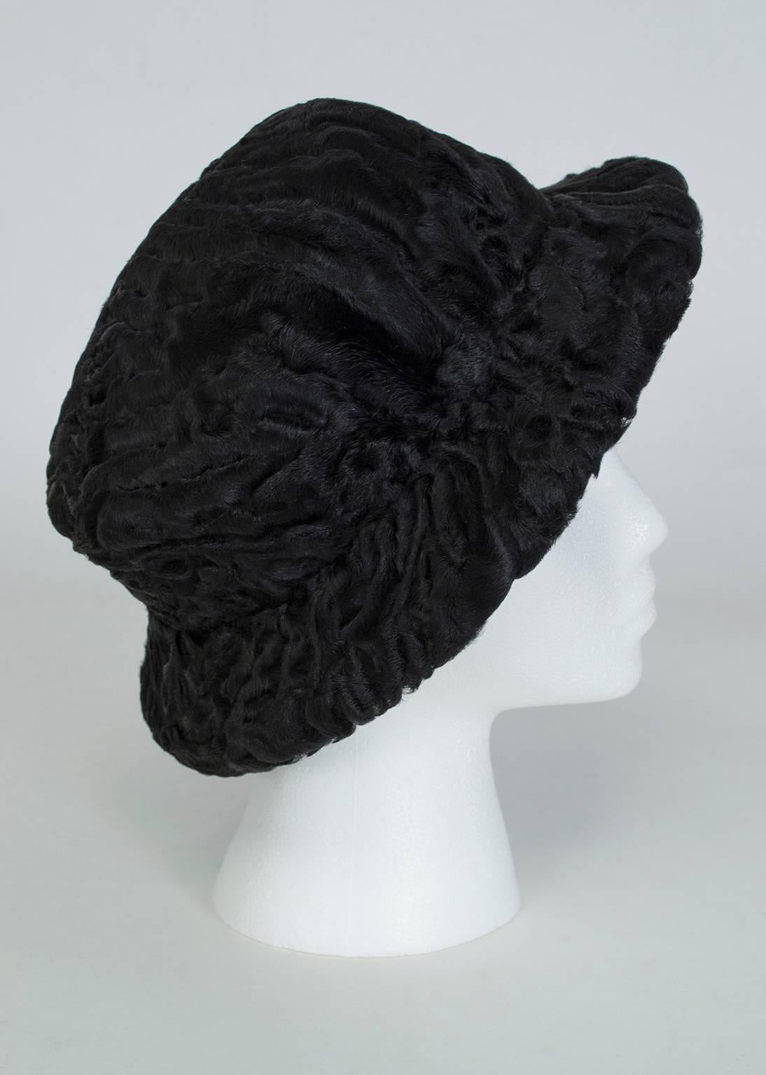 Black Astrakhan Bowler Hat, 1950s In Excellent Condition In Tucson, AZ