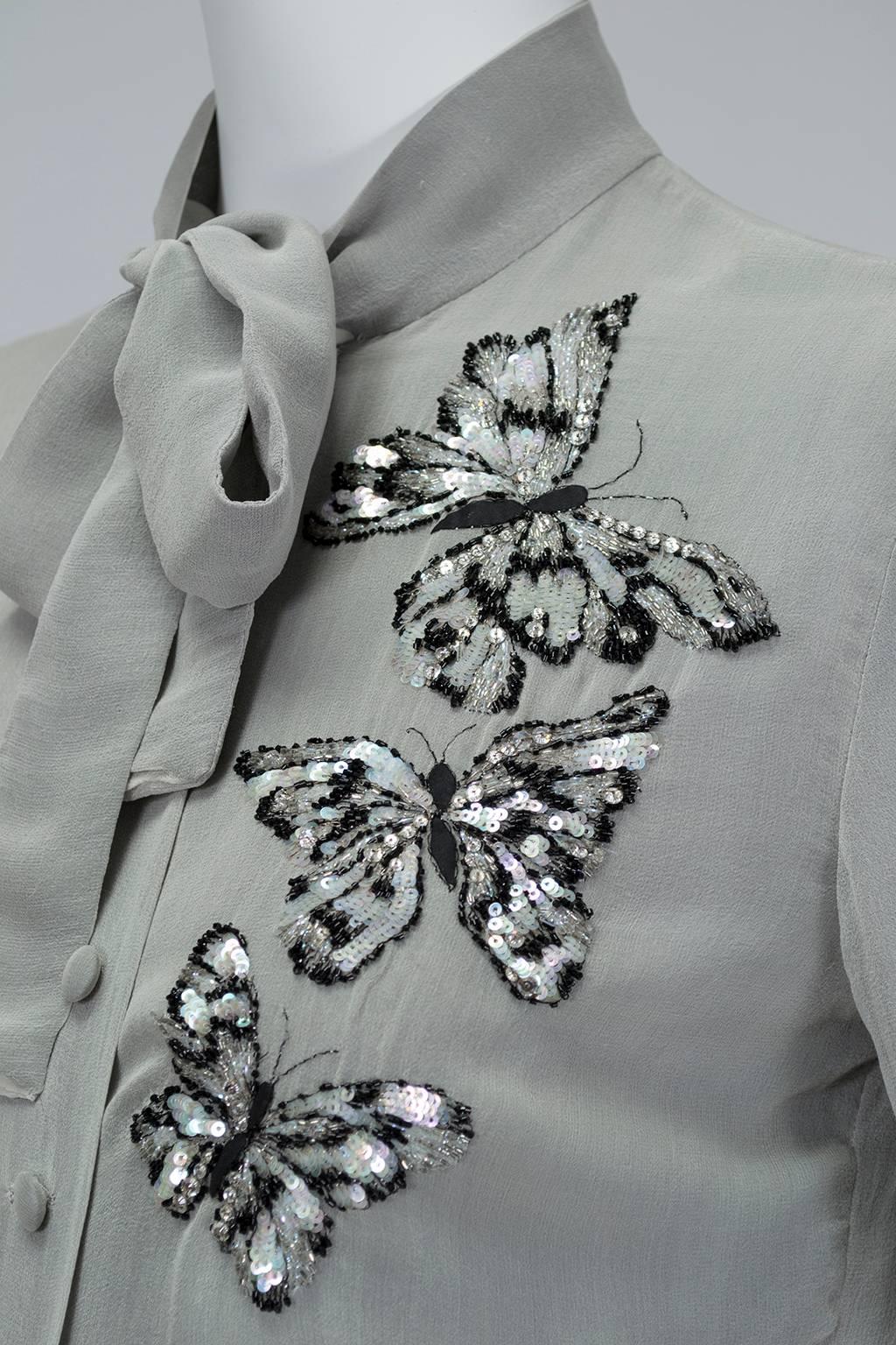 Jean-Louis Scherrer Haute Couture Gray Chiffon Butterfly Bead Blouse - XS, 1970s In Good Condition For Sale In Tucson, AZ