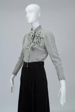 Jean-Louis Scherrer Haute Couture Gray Chiffon Butterfly Bead Blouse - XS, 1970s