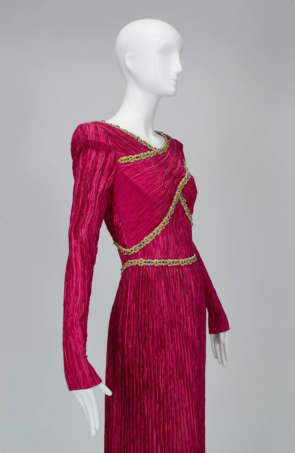 Red Mary McFadden Numbered Couture Jeweled Raspberry Keyhole Back Gown - XS-S, 1980s