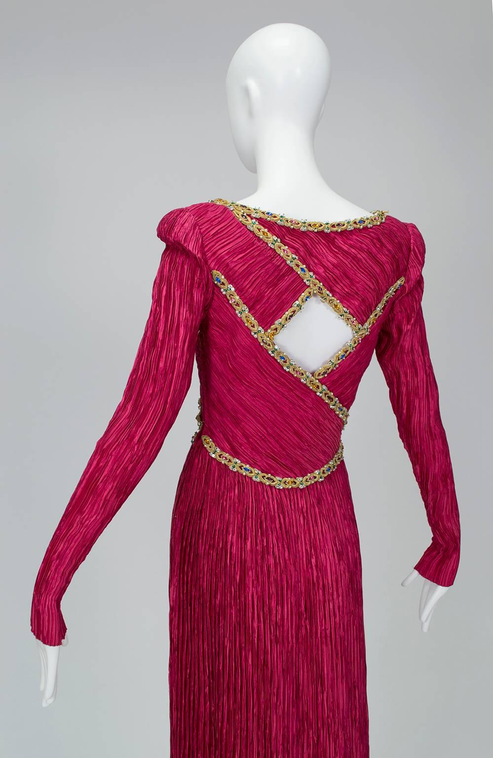 Mary McFadden Numbered Couture Jeweled Raspberry Keyhole Back Gown - XS-S, 1980s In Good Condition In Tucson, AZ