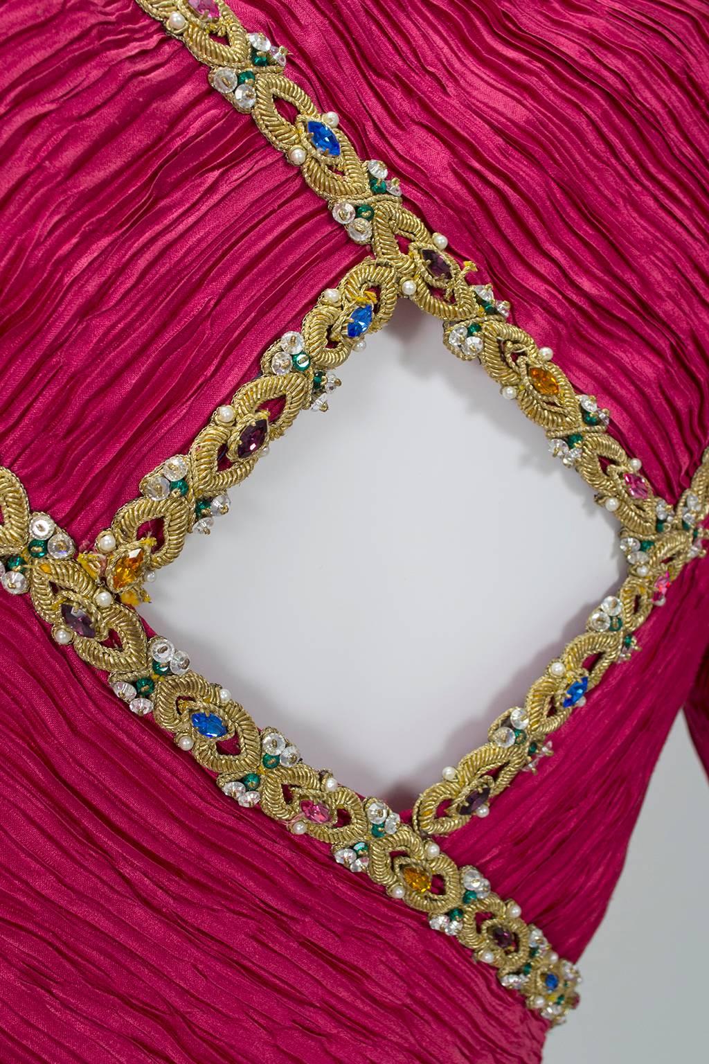 Mary McFadden Numbered Couture Jeweled Raspberry Keyhole Back Gown - XS-S, 1980s 1