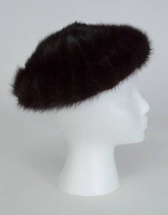 Plush Black Mink Fur Pillbox Beret Hat w Brocade Lining - S-M, 1960s