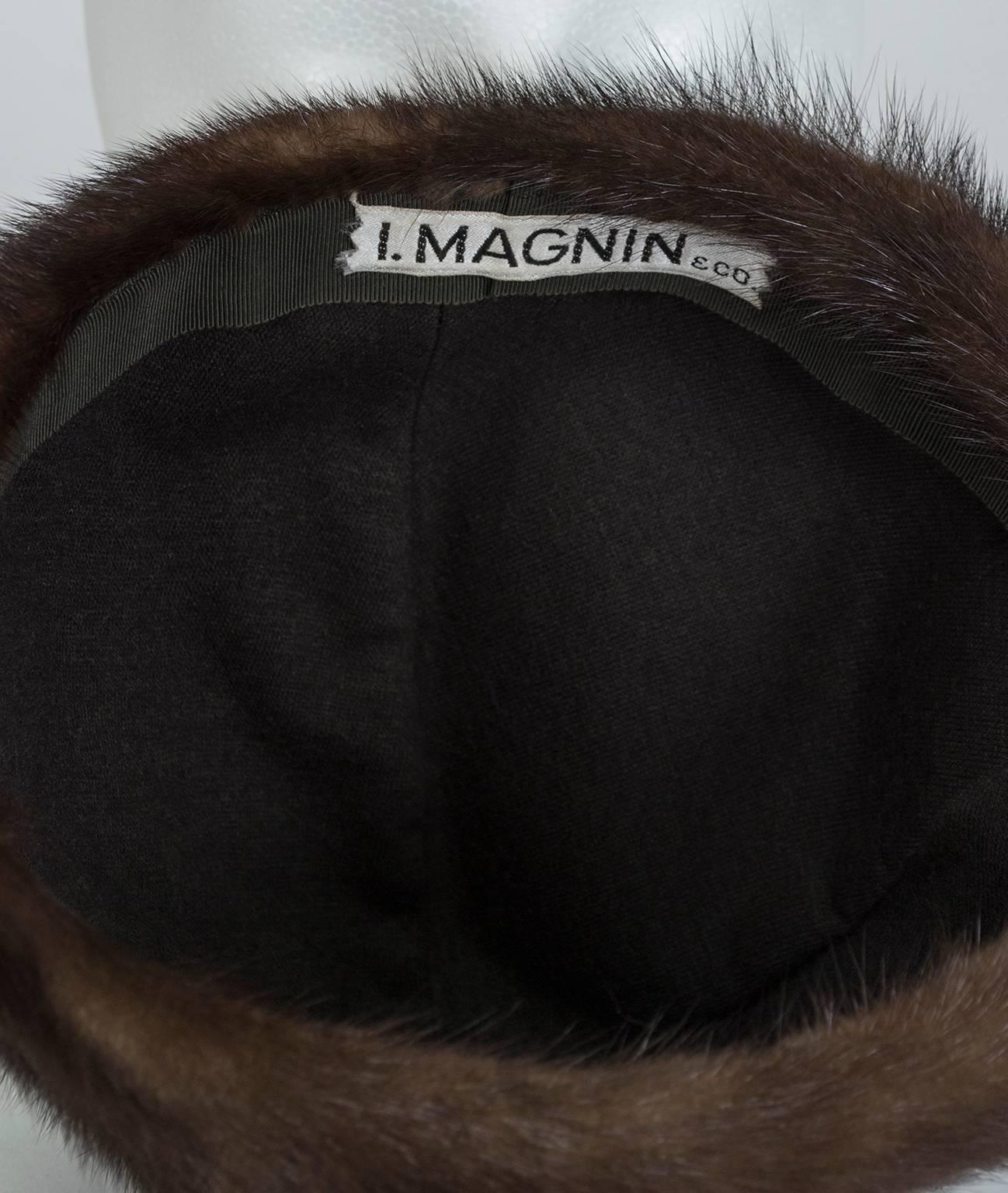 Women's Brown-Black Mink Peak Turban Hat - I Magnin, 1960s