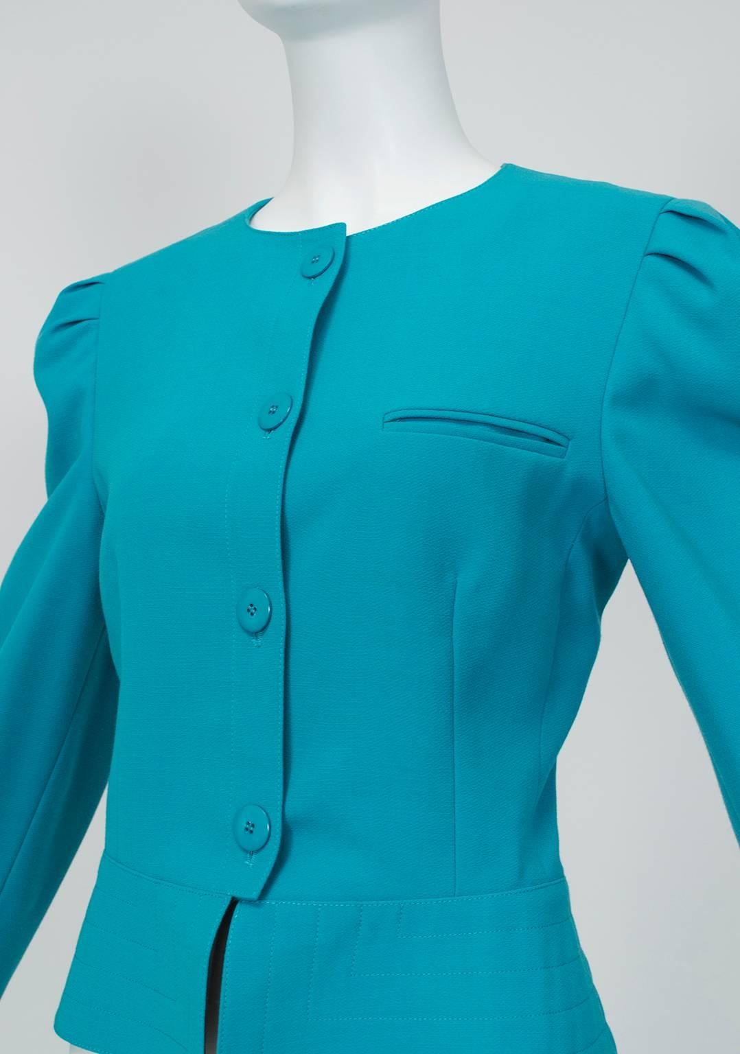 Blue Louis Féraud Turquoise Knife Pleat Power Skirt Suit w Provenance - US 8, 1980s For Sale