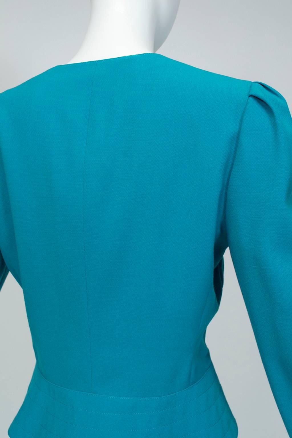 Louis Féraud Turquoise Knife Pleat Power Skirt Suit w Provenance - US 8, 1980s In Excellent Condition For Sale In Tucson, AZ