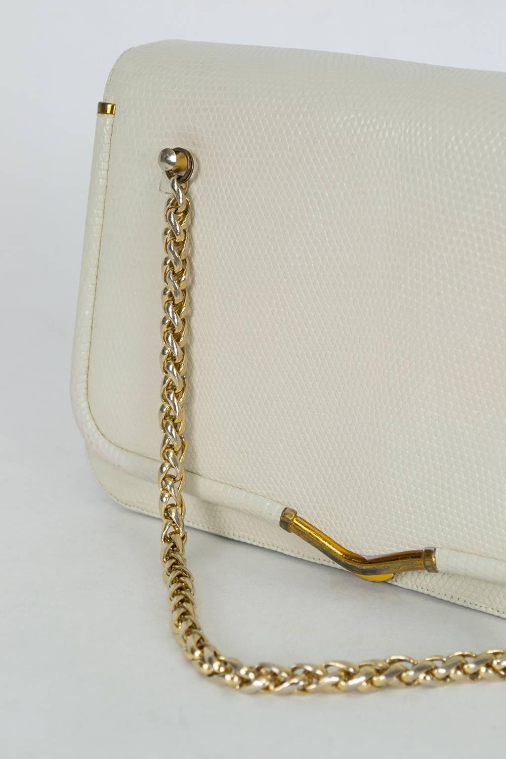 Women's Judith Leiber Ivory Lizard Compartment Purse with Gold Chain Handles, 1980s For Sale